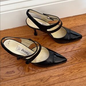 Proxy Black Patent Pointed-Toe Slingback Heels with Dual Straps